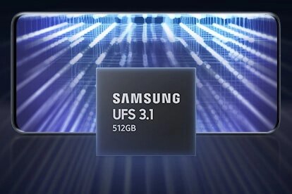 这是一道在智能手机中强调速度的光线。三星通用闪存存储 (UFS) 512 千兆字节 (GB) UFS 3.1 芯片的芯片图像也显示在它前面。
