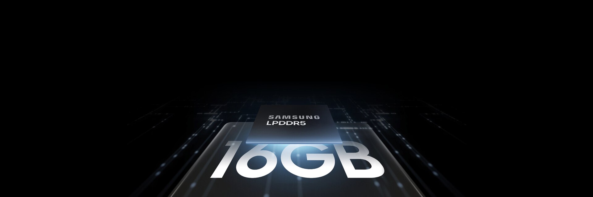 An illustrative image of Samsung LPDDR5 on top of semitransparent smartphone along with its 16GB capacity.