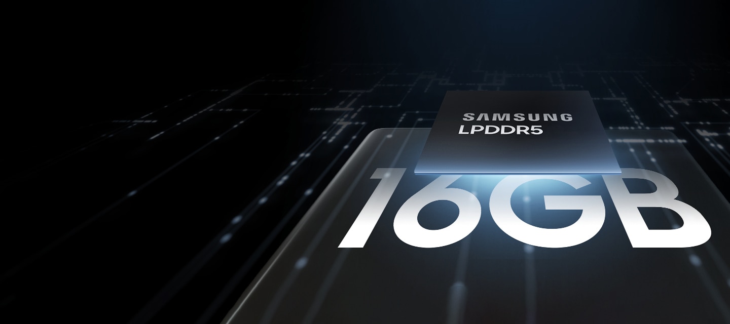 An illustrative image of Samsung LPDDR5 on top of semitransparent smartphone along with its 16GB capacity.