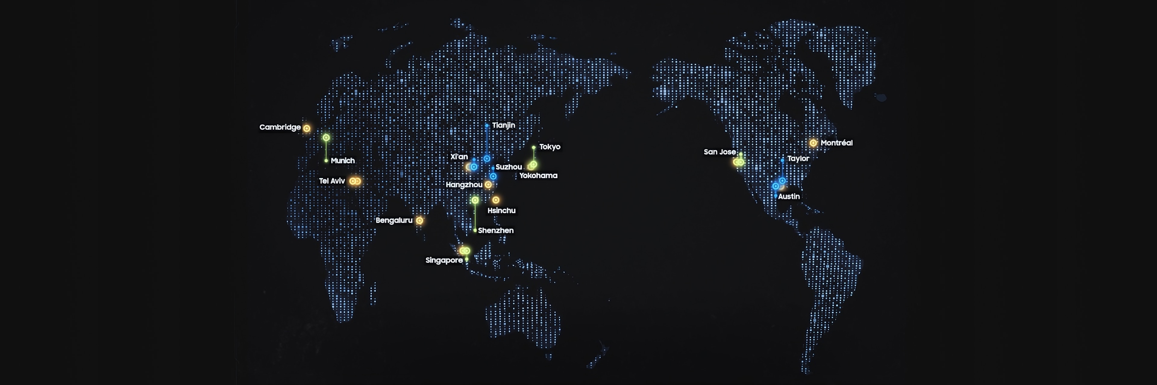 一张全球地图，展示了三星半导体在北美、欧洲和亚洲的生产和研究站点，并附有彩色标记。