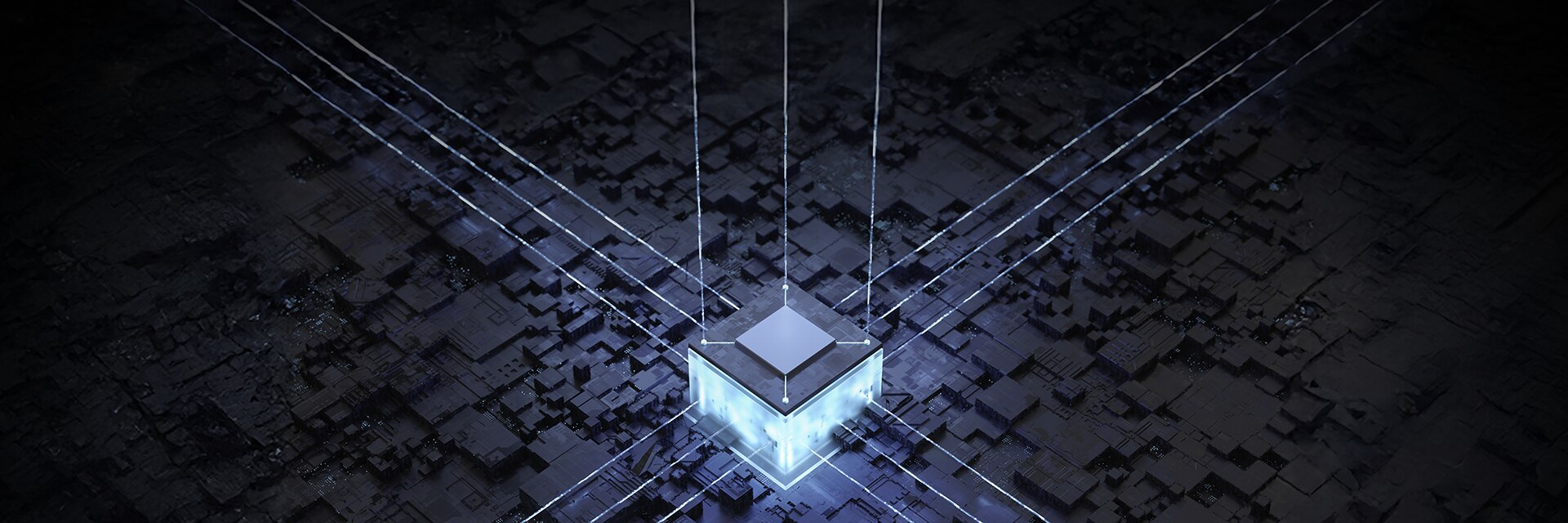 发光的半导体芯片漂浮在数字网络上，象征5G连接与数据传输的核心技术。