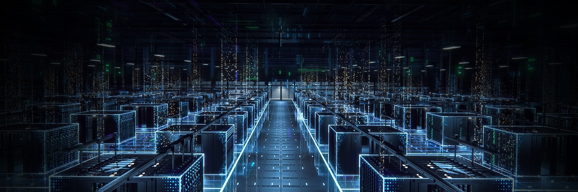 整齐排列的服务器在蓝色灯光下闪耀，展现三星半导体通过更快速、更稳定的服务器级芯片实现卓越算力与可靠性。