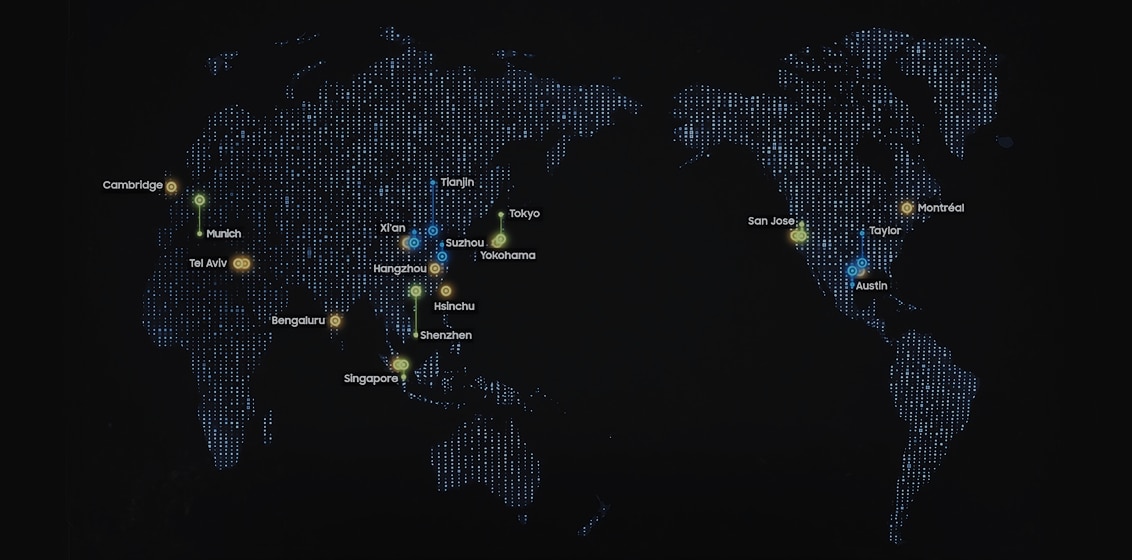 一张全球地图，展示了三星半导体在北美、欧洲和亚洲的生产和研究站点，并附有彩色标记。