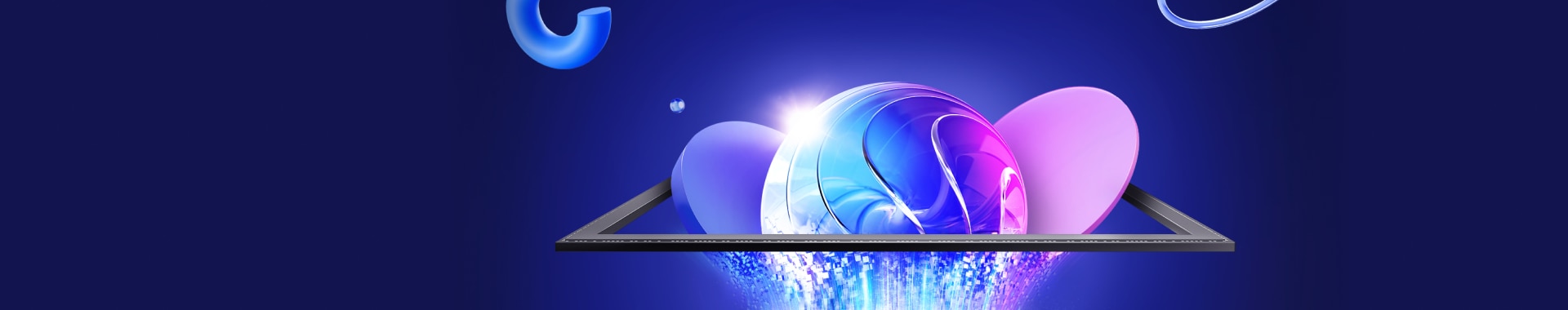 深蓝色背景下，发出紫色和蓝色光芒的未来感3D球体从屏幕中浮现