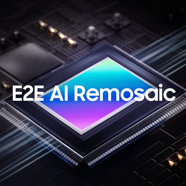 这是一个标有“E2E 人工智能 Remosaic”的图像传感器图像，其特点是发光的微芯片组和黑暗、复杂的电路板设计。