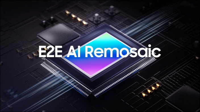 这是一个标有“E2E 人工智能 Remosaic”的图像传感器图像，其特点是发光的微芯片组和黑暗、复杂的电路板设计。