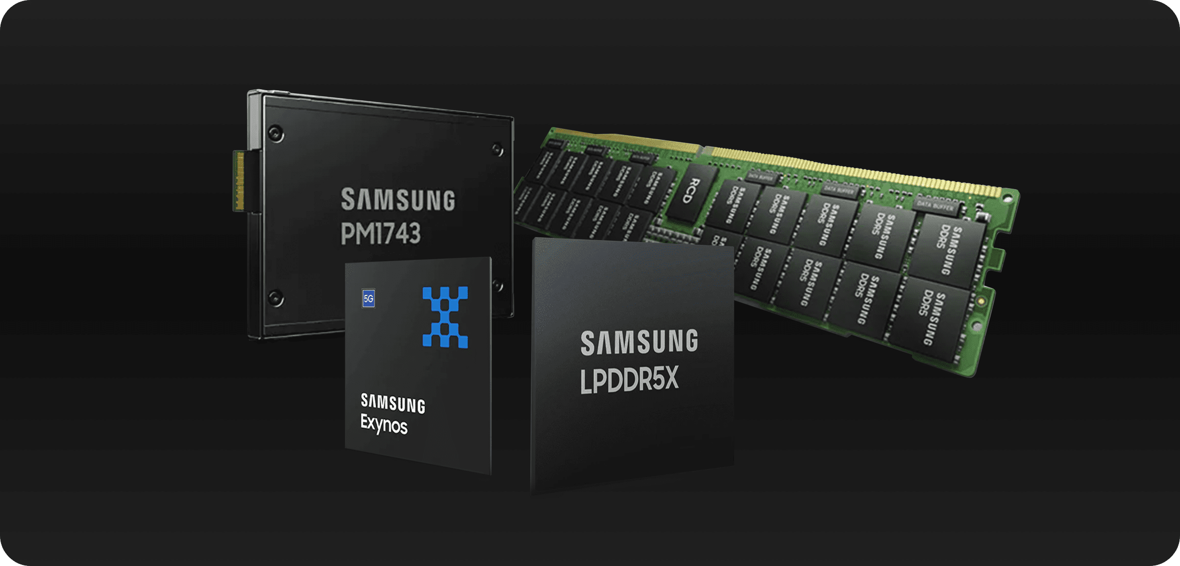 5G解决方案的图片，包括Exynos处理器、企业级SSD、LPDDR5X和DDR5。