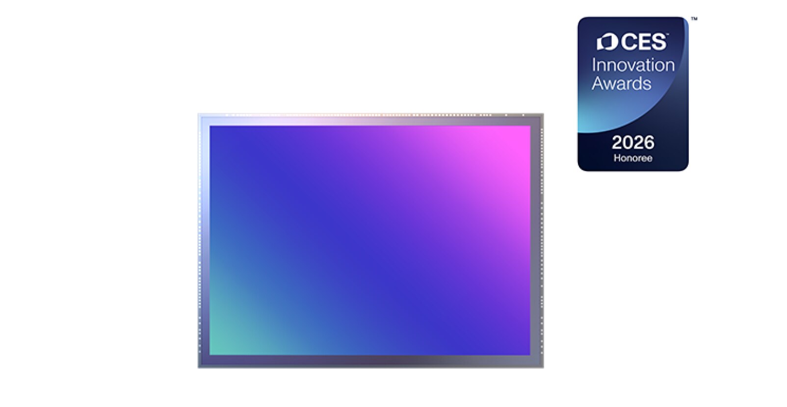 带有右侧2026年消费电子展创新奖徽章的渐变色矩形显示屏。