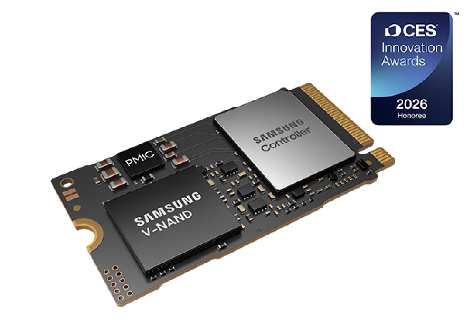A close-up view of the Samsung PM9E1 M.2 22×42 SSD showing its controller, V-NAND, and PMIC chips mounted on a compact black PCB, alongside the CES 2026 Innovation Awards honoree badge.