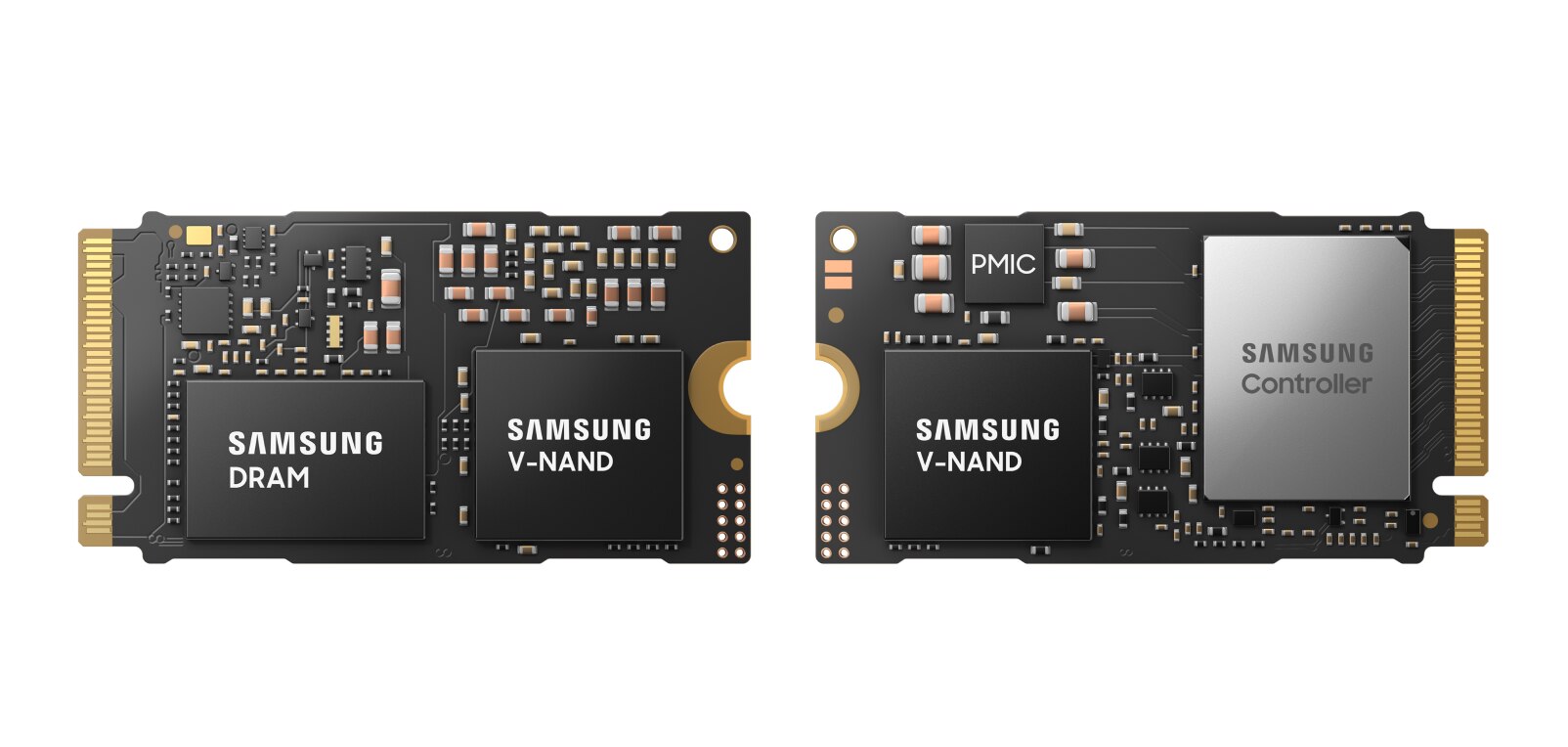 Two side-by-side views of the PM9E1 SSD, highlighting the component layout on both sides of the M.2 22×42 PCB.
