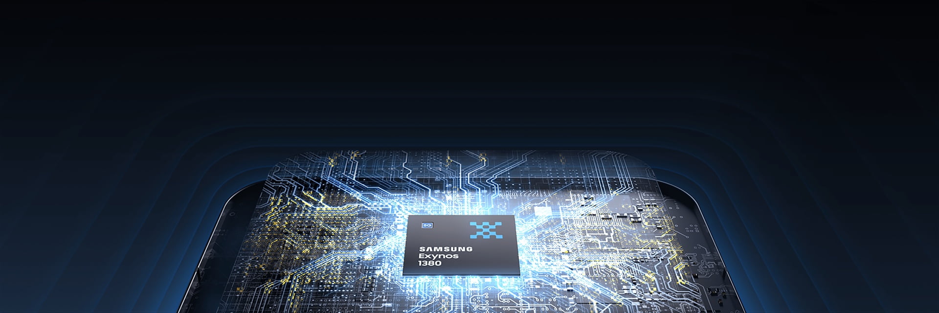 Image of blue indirect light behind the Exynos 1380 chip and lines shining in the shape of a circuit on the inside of the smartphone