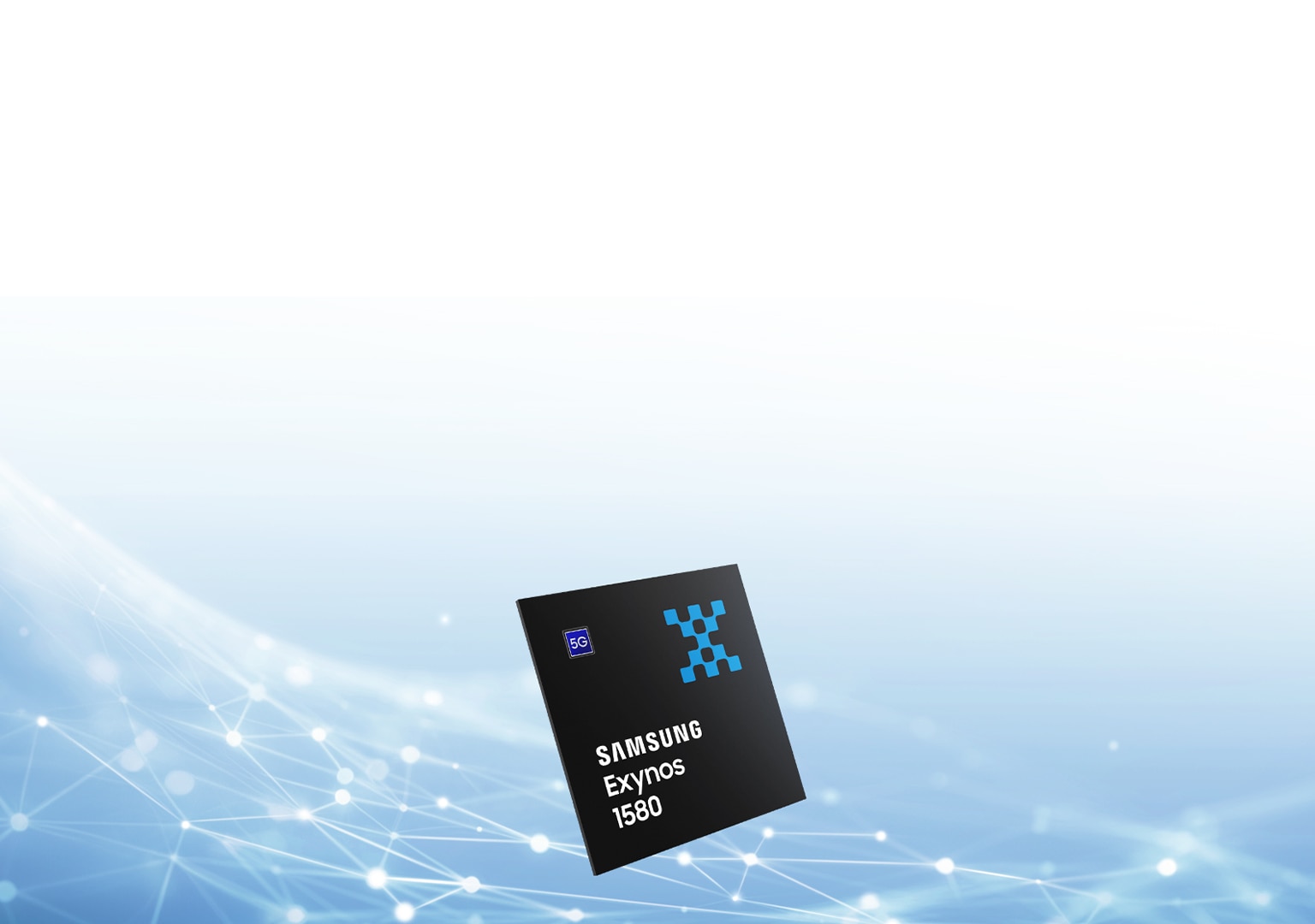 三星Exynos 1580芯片在有蓝色网络线且未来感十足的电子背景上。