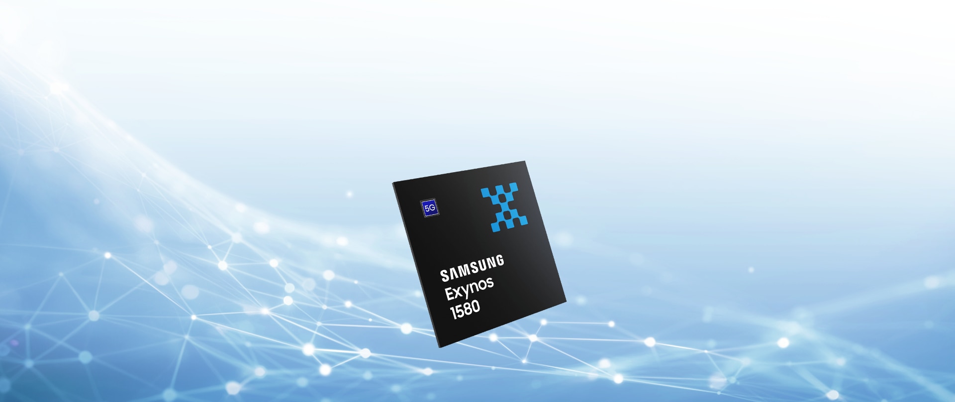 三星Exynos 1580芯片在有蓝色网络线且未来感十足的电子背景上。