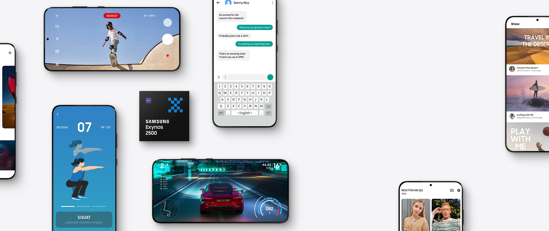 多部智能手机以三星 Exynos 2500 为中心，显示各种应用程序，包括消息传递、游戏、健身追踪和视频录制。