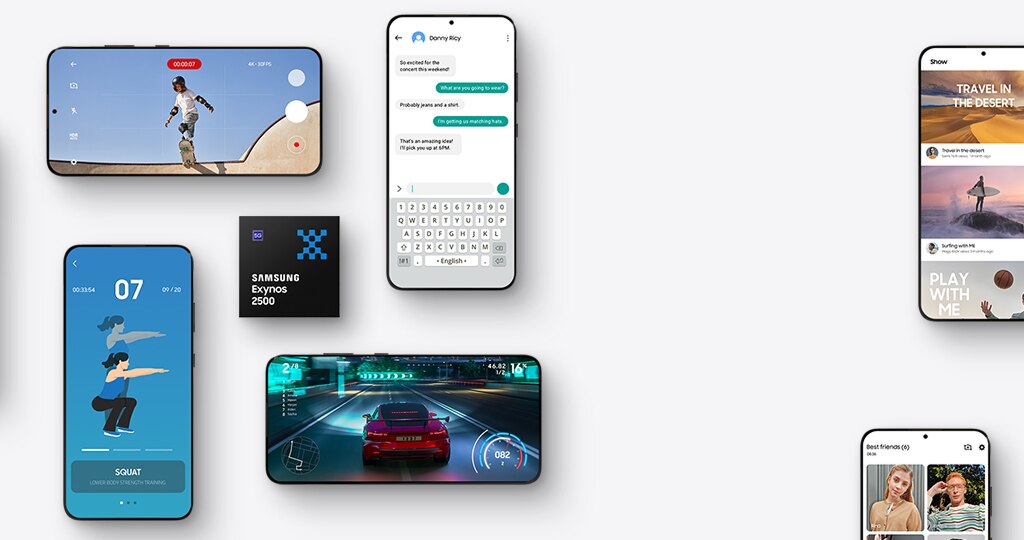 多部智能手机以三星 Exynos 2500 为中心，显示各种应用程序，包括消息传递、游戏、健身追踪和视频录制。