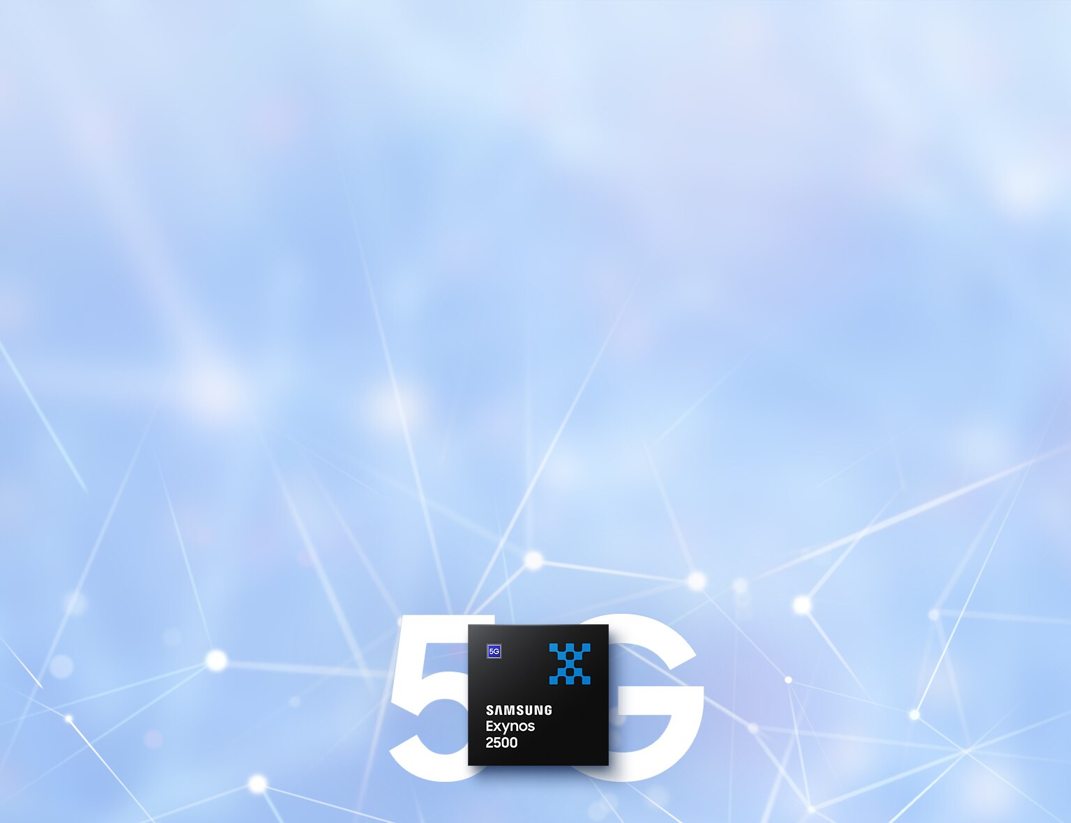 三星 Exynos 2500 芯片组在白色大“5G”文本前面突出显示，数字网络图案展示了先进的通信技术。