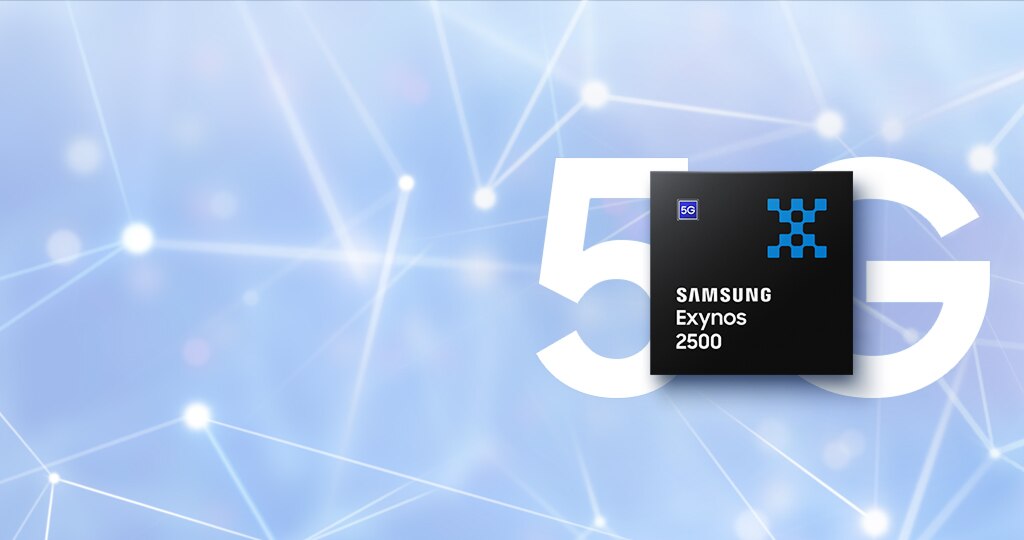 三星 Exynos 2500 芯片组在白色大“5G”文本前面突出显示，数字网络图案展示了先进的通信技术。