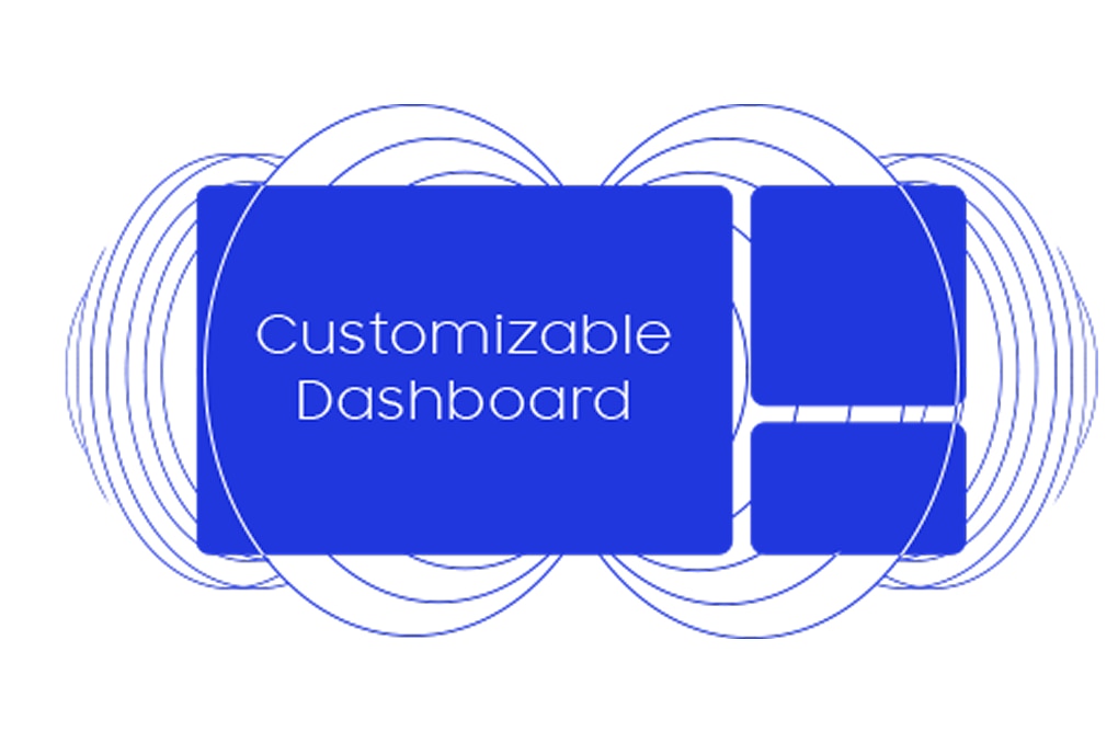 带有“Customizable Dashboard”文字的蓝色UI仪表板图像。