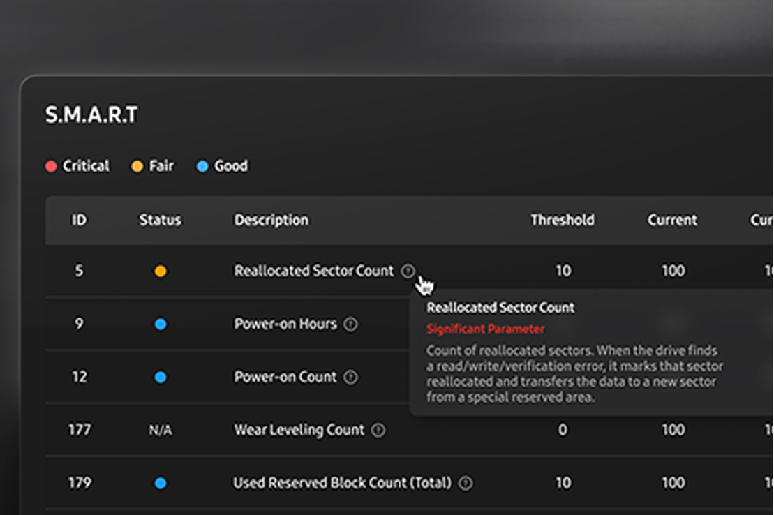 S.M.A.R.T 检查已激活，显示硬盘整体状况，包括重新分配的扇区数量、开机时间等。