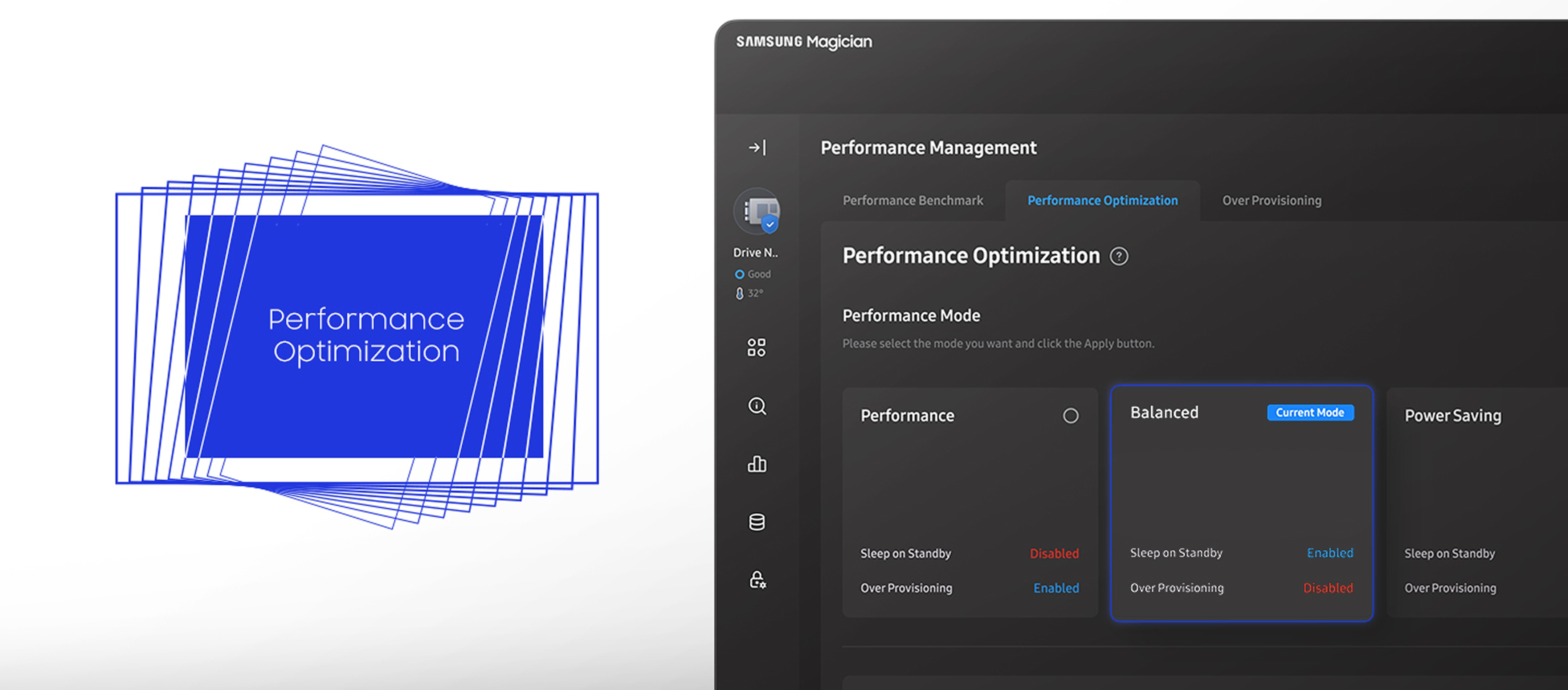 笔记本电脑屏幕上显示性能优化小部件，当前模式应用了“平衡”。