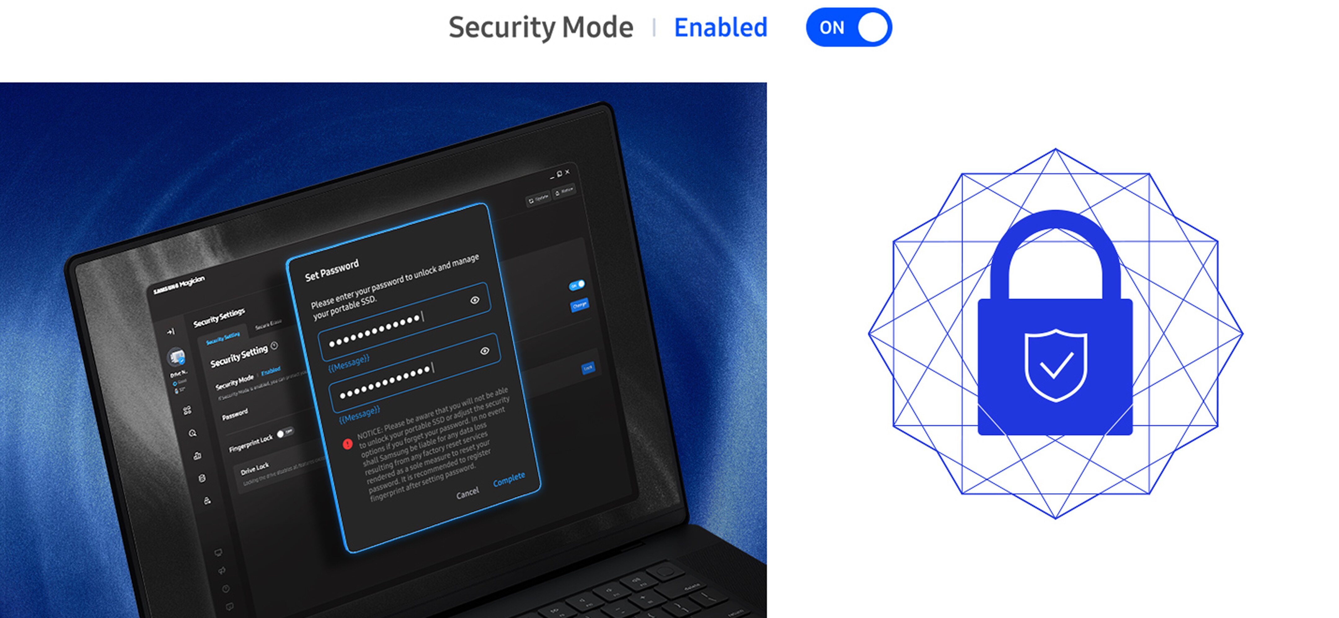 左侧是一台笔记本电脑，显示Magician 9安全设置菜单和“设置密码”弹窗。右侧是一个关闭的挂锁，中间有一个安全和勾号图标。顶部文字写着：安全模式启用，开启。