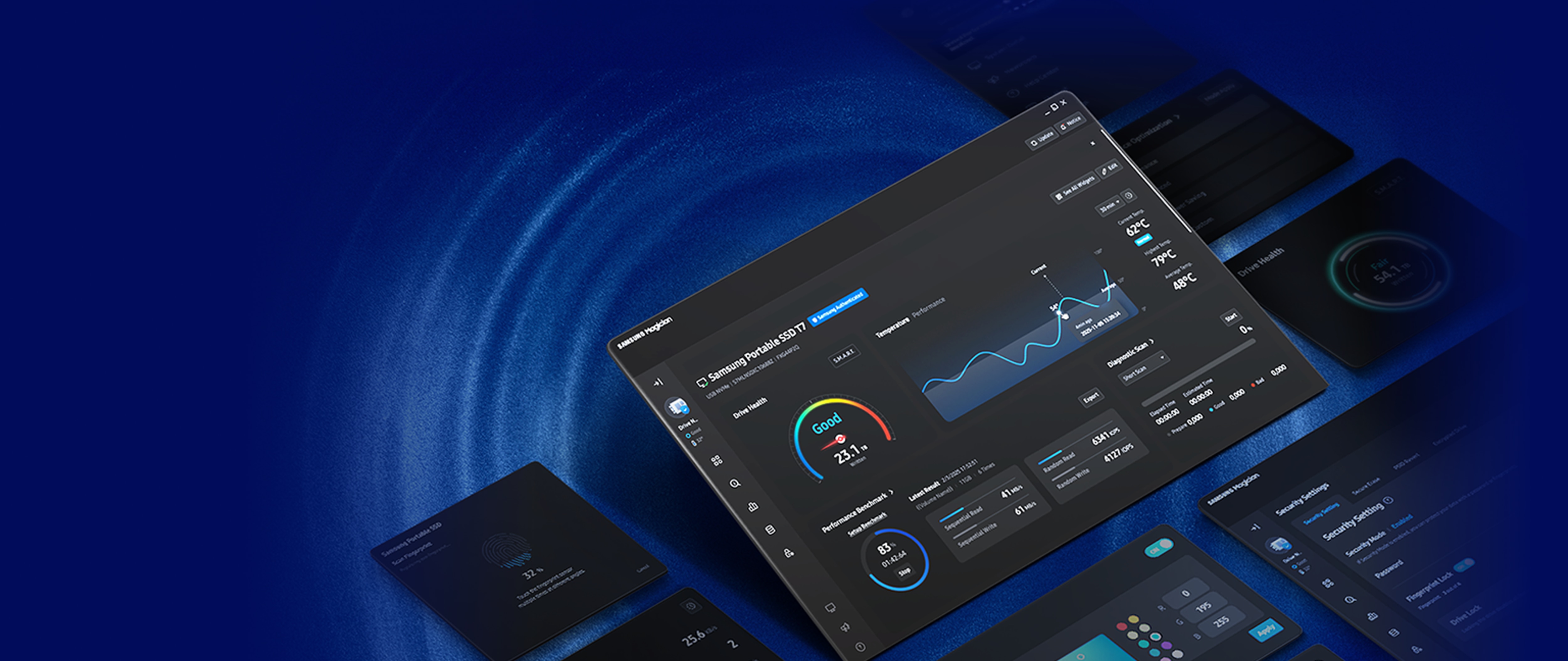 屏幕上显示三星魔术师9.0软件仪表盘，魔术师9.0小部件瓷砖环绕屏幕。左上角的文字写着：你的记忆。你的方式。你说。魔术师9.0。