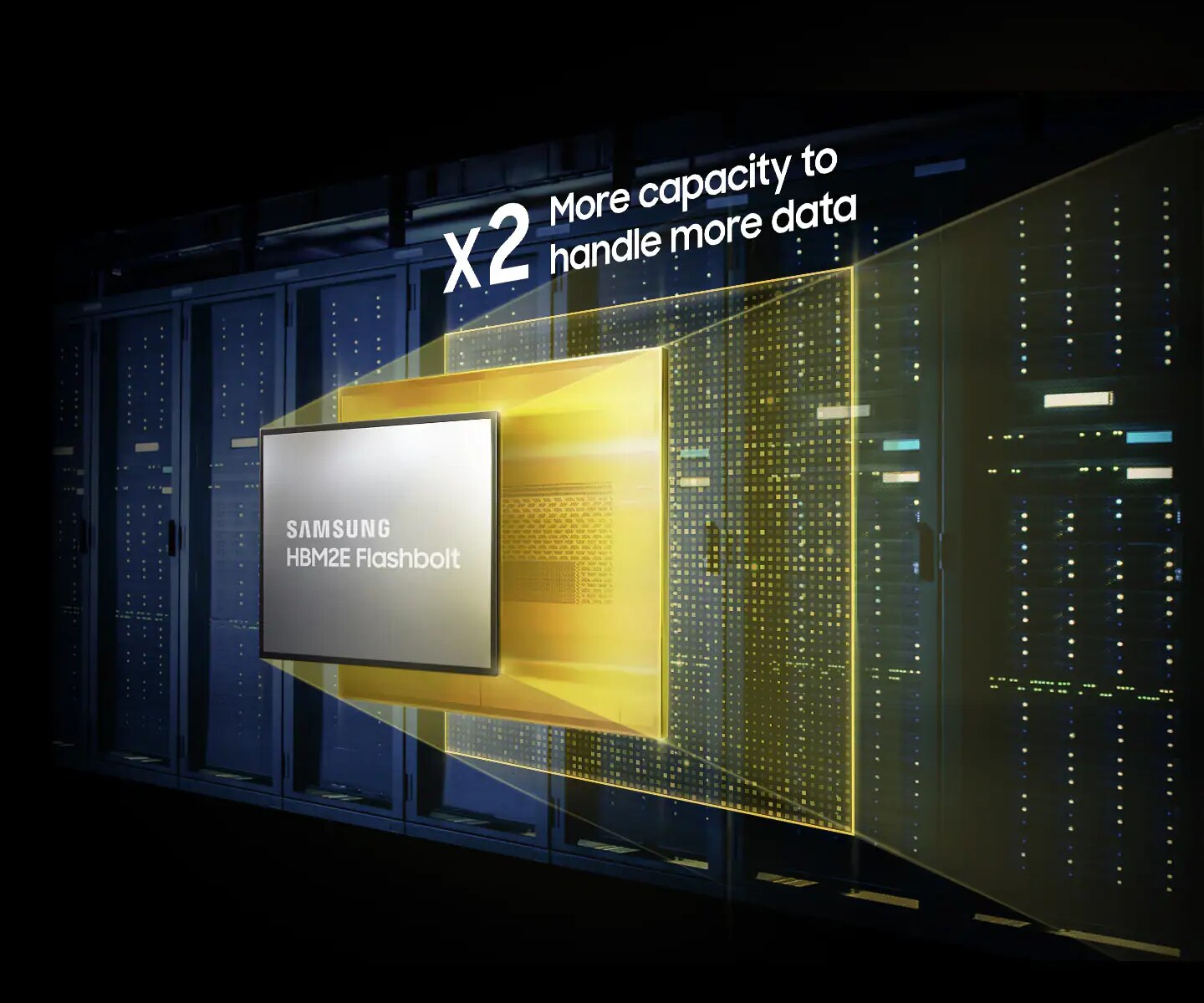 An illustrative image of Samsung HBM2E Flashbolt against an image of servers.