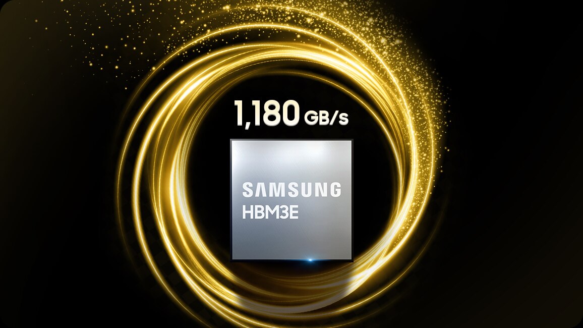 三星 HBM3E 芯片，周围环绕着金色光圈。