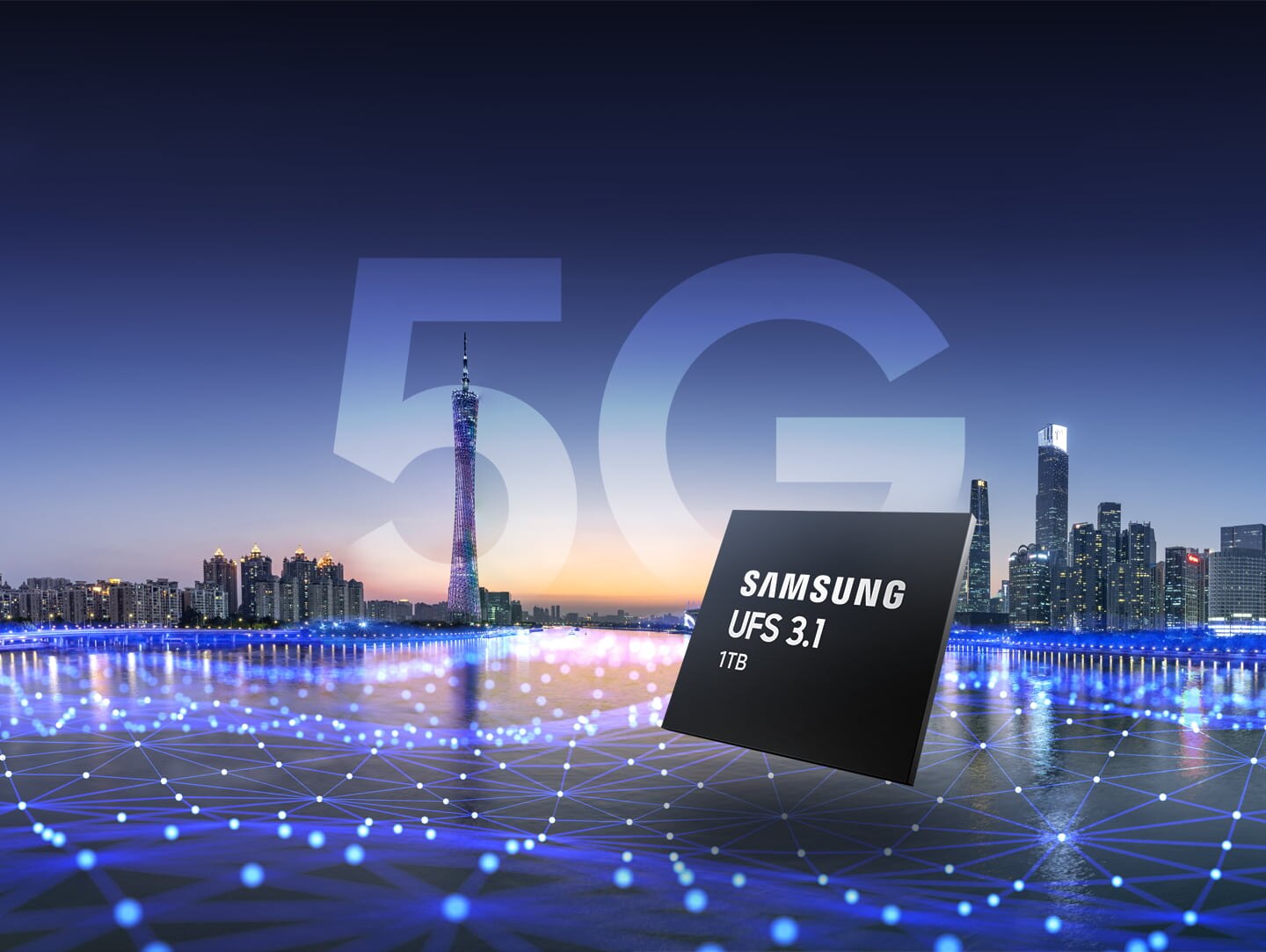 This is the Samsung UFS 3.1 1TB chip. Below the tip is an image of several lines connected together, and behind the chip is an apartment and a foreground.