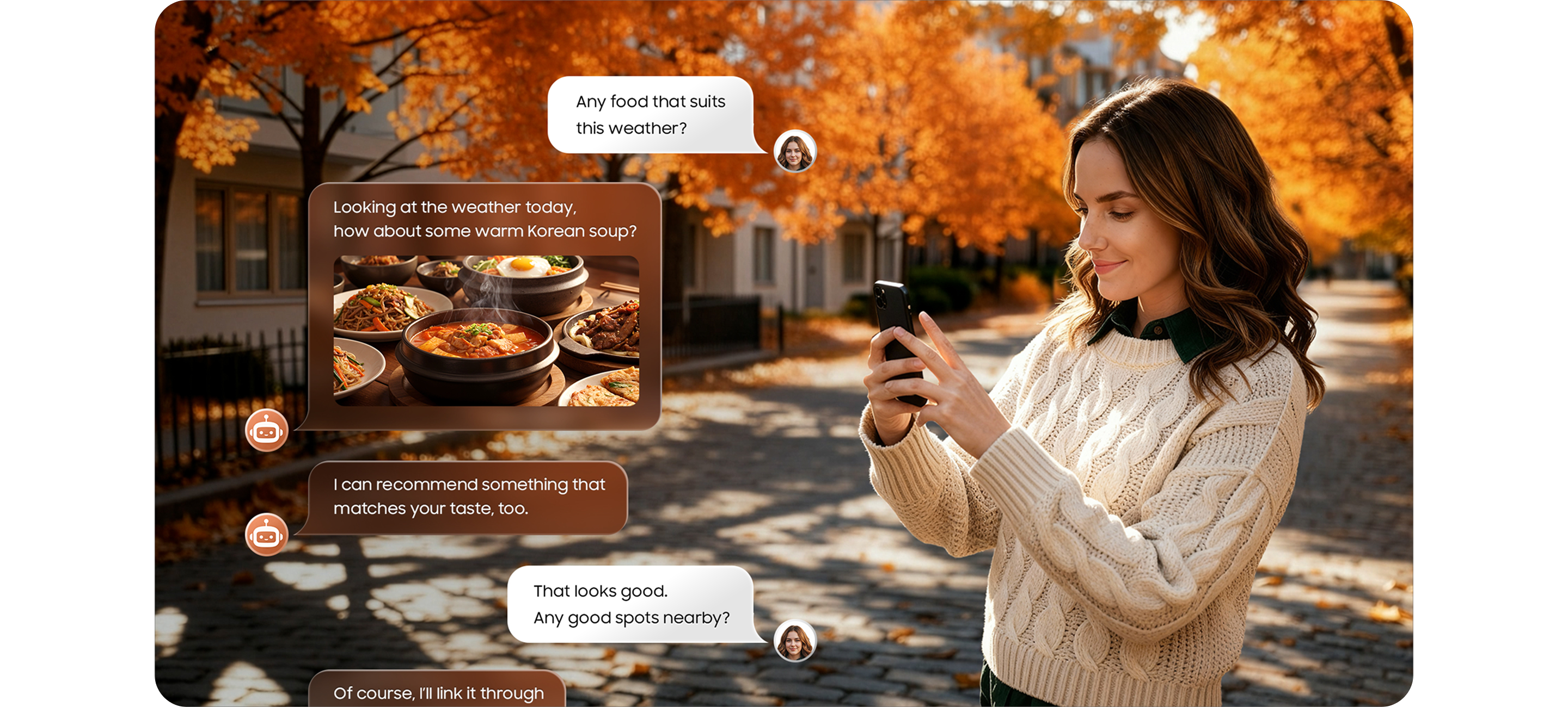 女性在户外使用智能手机，屏幕上显示了设备上的人工智能助手对话及基于图像的推荐。