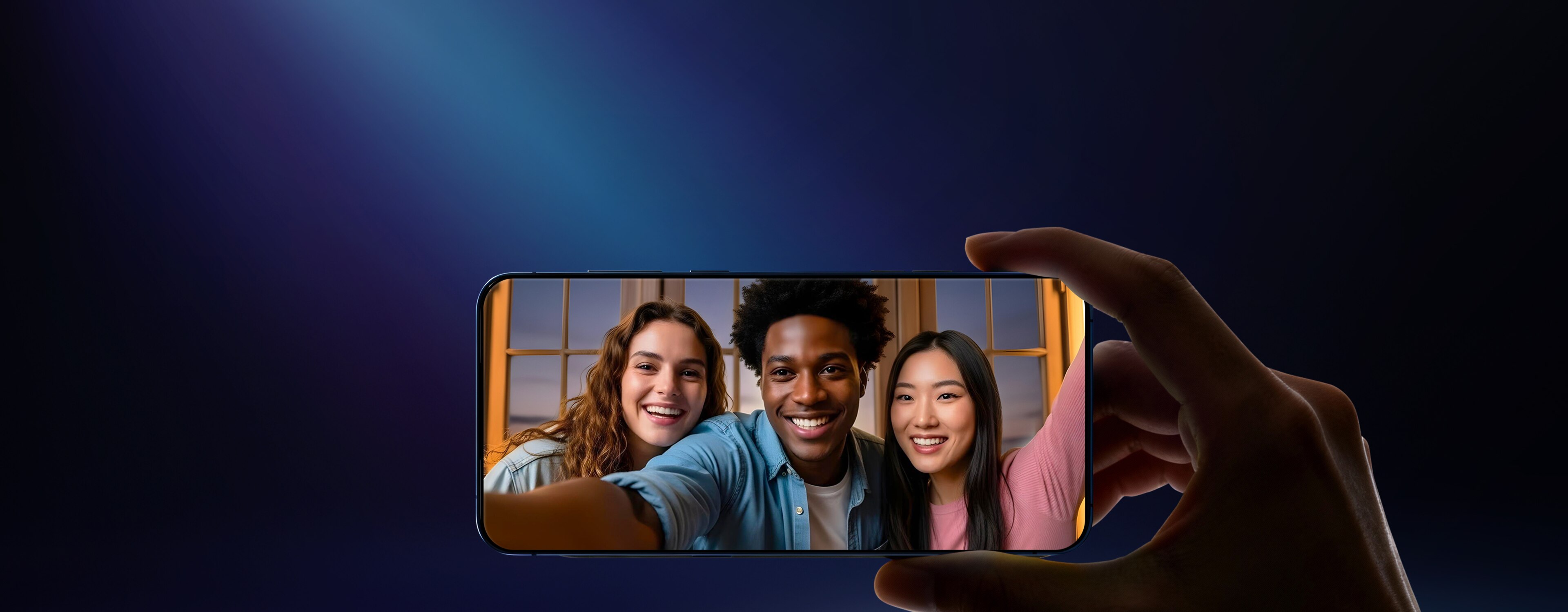 智能手机屏幕上展示了集体自拍，清晰的脸庞和平衡的照明。