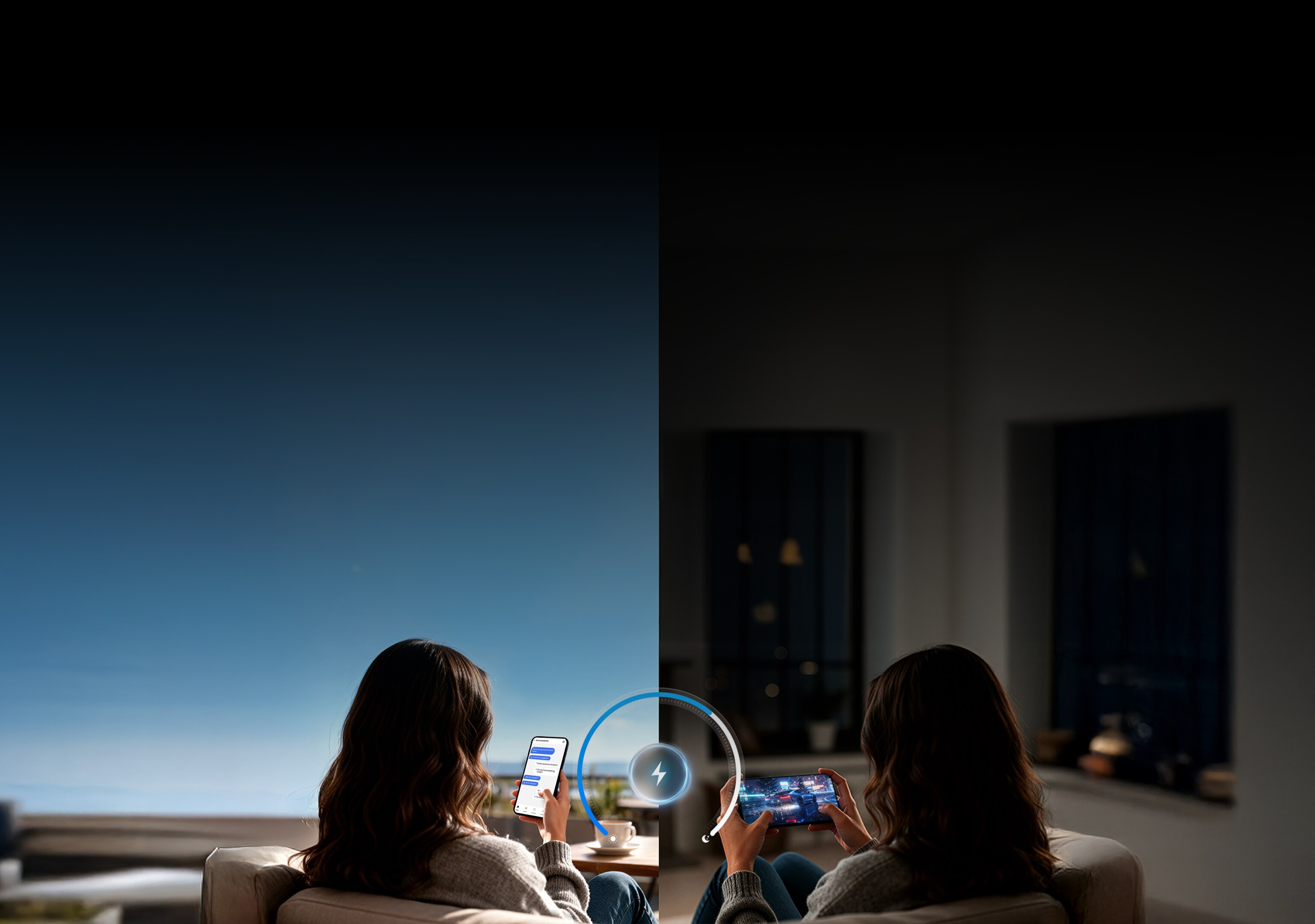 分屏图像显示一个人白天使用智能手机发信息和晚上玩游戏，场景之间显示电源效率指示器。