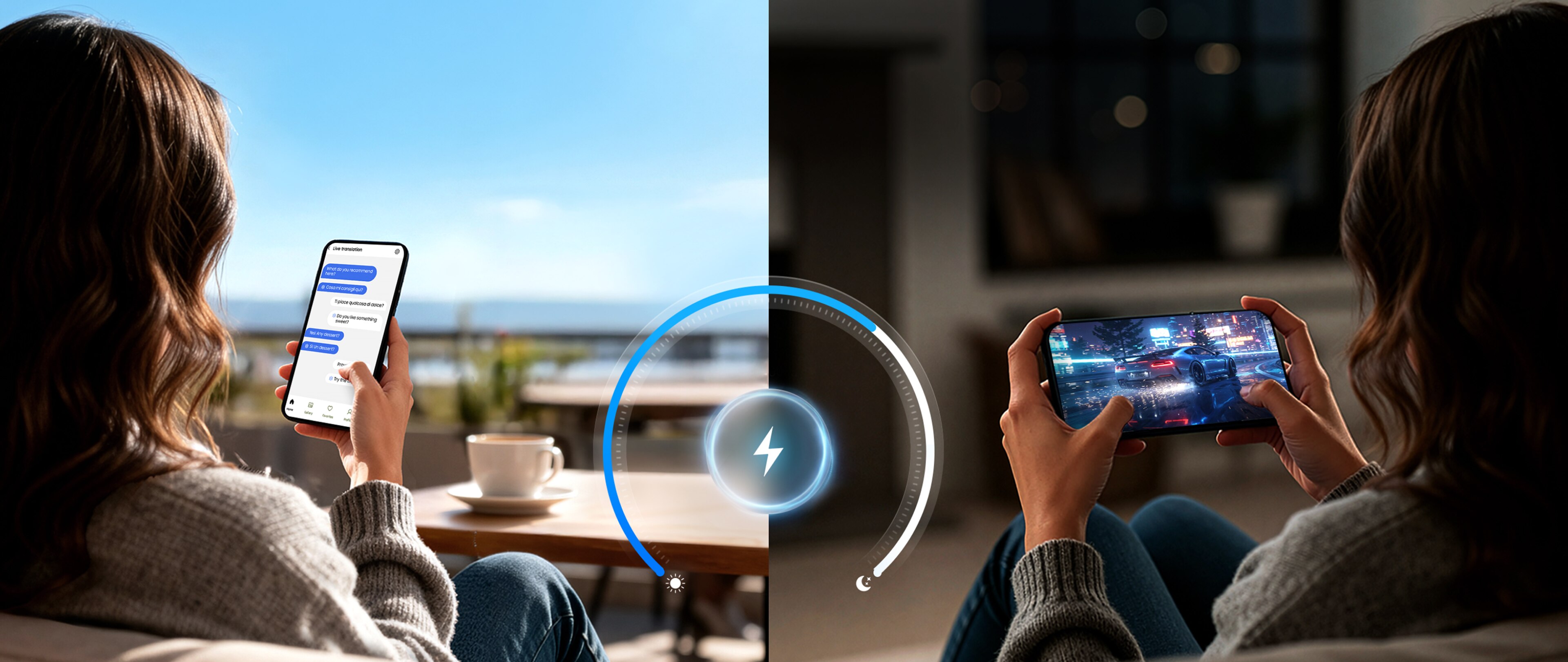 分屏图像显示一个人白天使用智能手机发信息和晚上玩游戏，场景之间显示电源效率指示器。