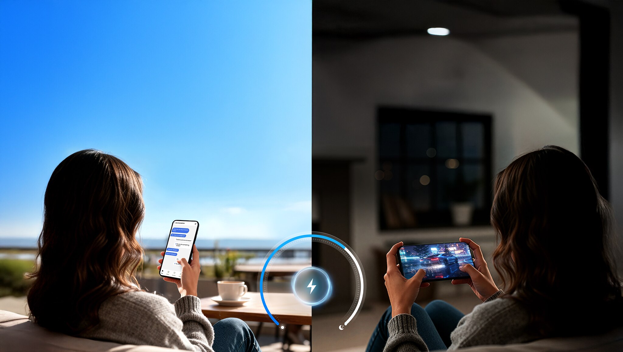 分屏图像显示一个人白天使用智能手机发信息和晚上玩游戏，场景之间显示电源效率指示器。