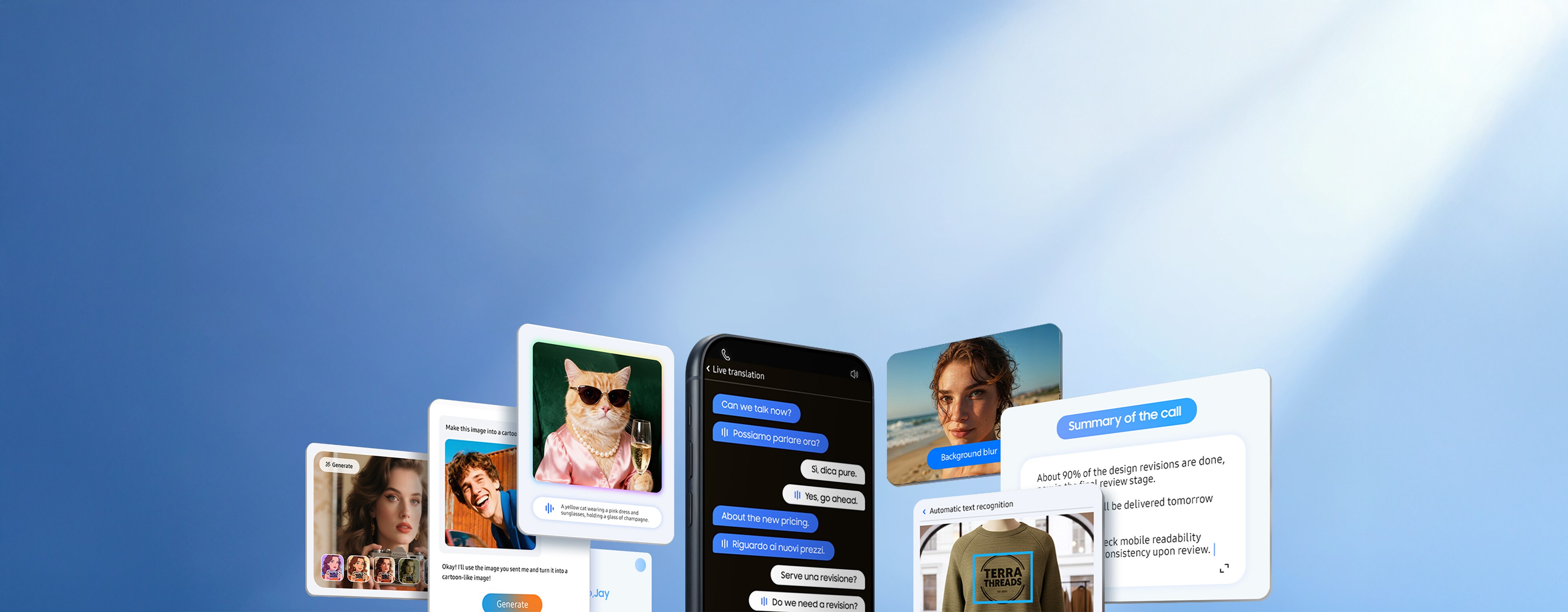 智能手机屏幕显示多张带有图像、消息、翻译文本、照片编辑和文档摘要的浮动卡片，背景为蓝色。