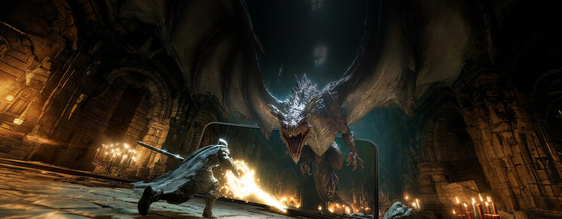 幻想游戏场景中，一名骑士在黑暗的石厅内与龙搏斗，强调了详细的照明和视觉效果。