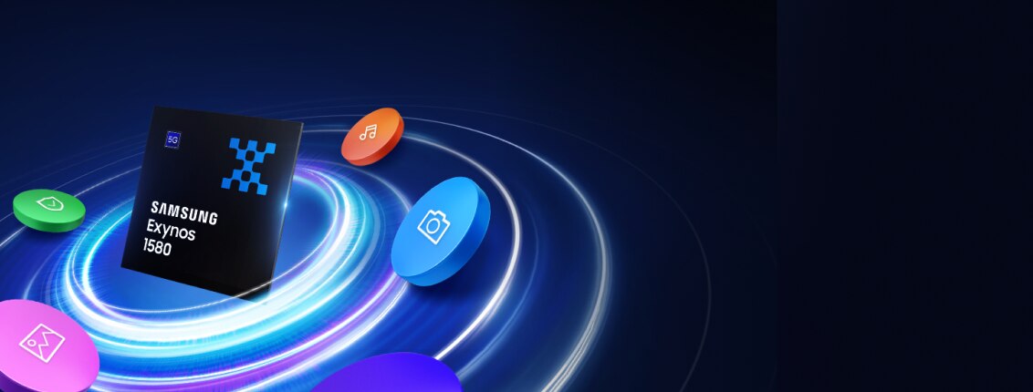 三星Exynos 1580芯片处在光芒闪耀的漩涡正中心处，周边被五颜六色的图标环绕。