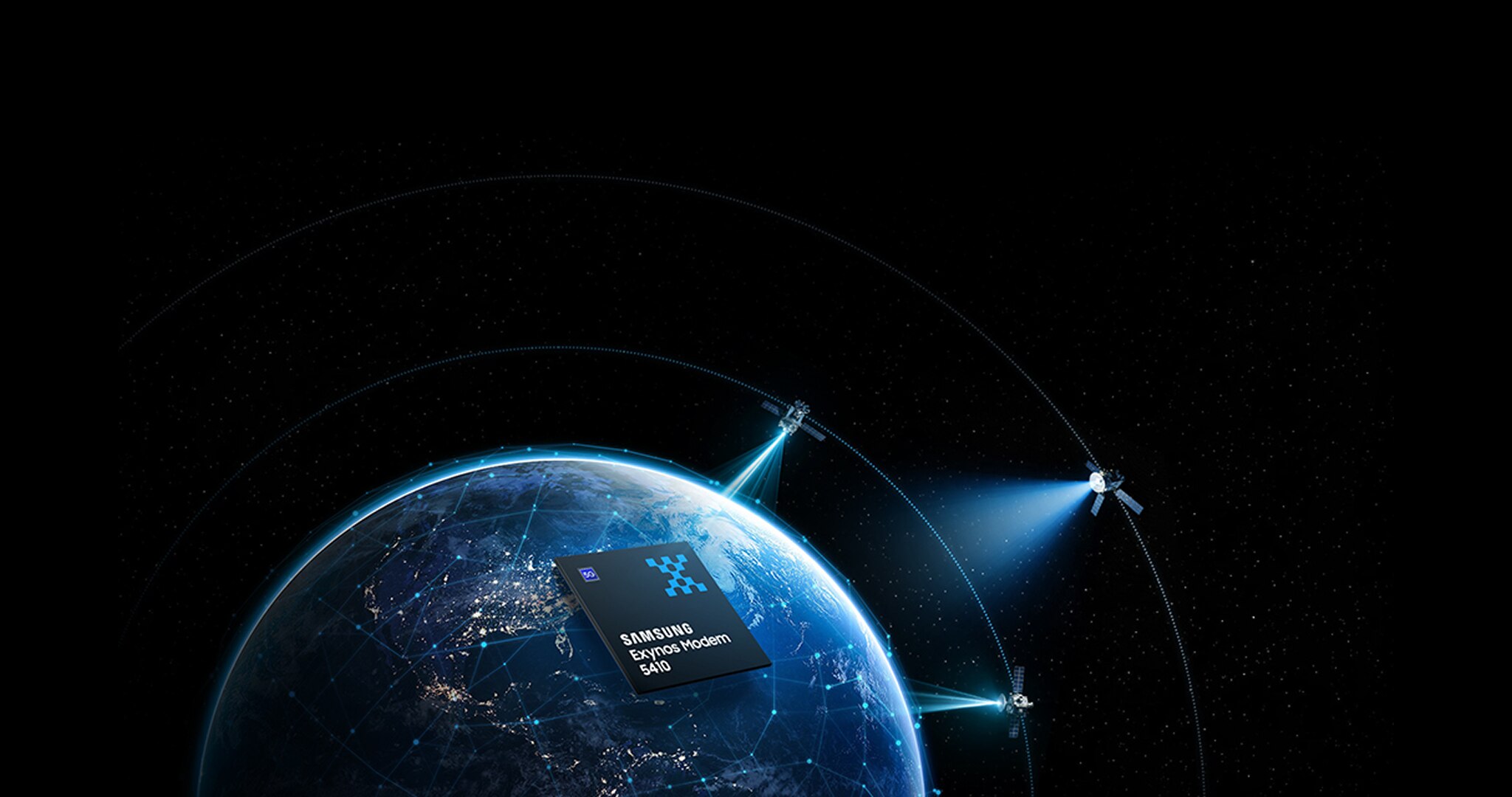 图中上方为三星 Exynos Modem 5410，下方可见地球及卫星信号，展现了全球互联互通的理念。