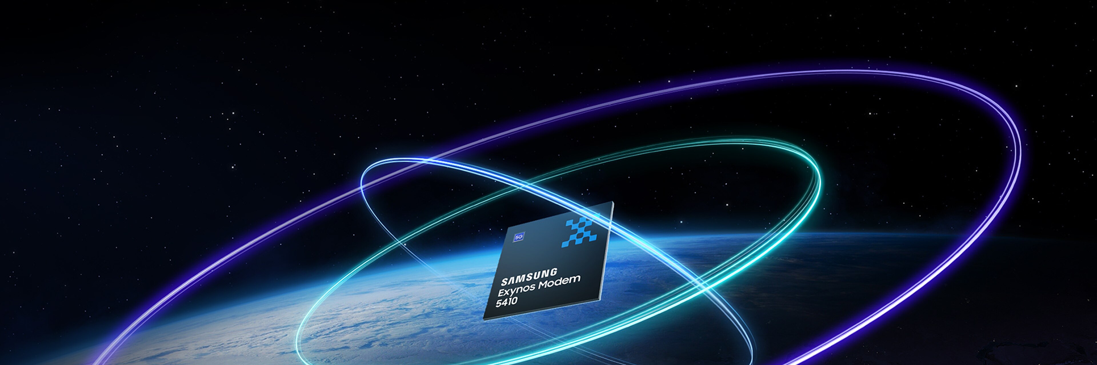 Exynos Modem 5410 定位在太空中，发光路径象征着下一代无线通信