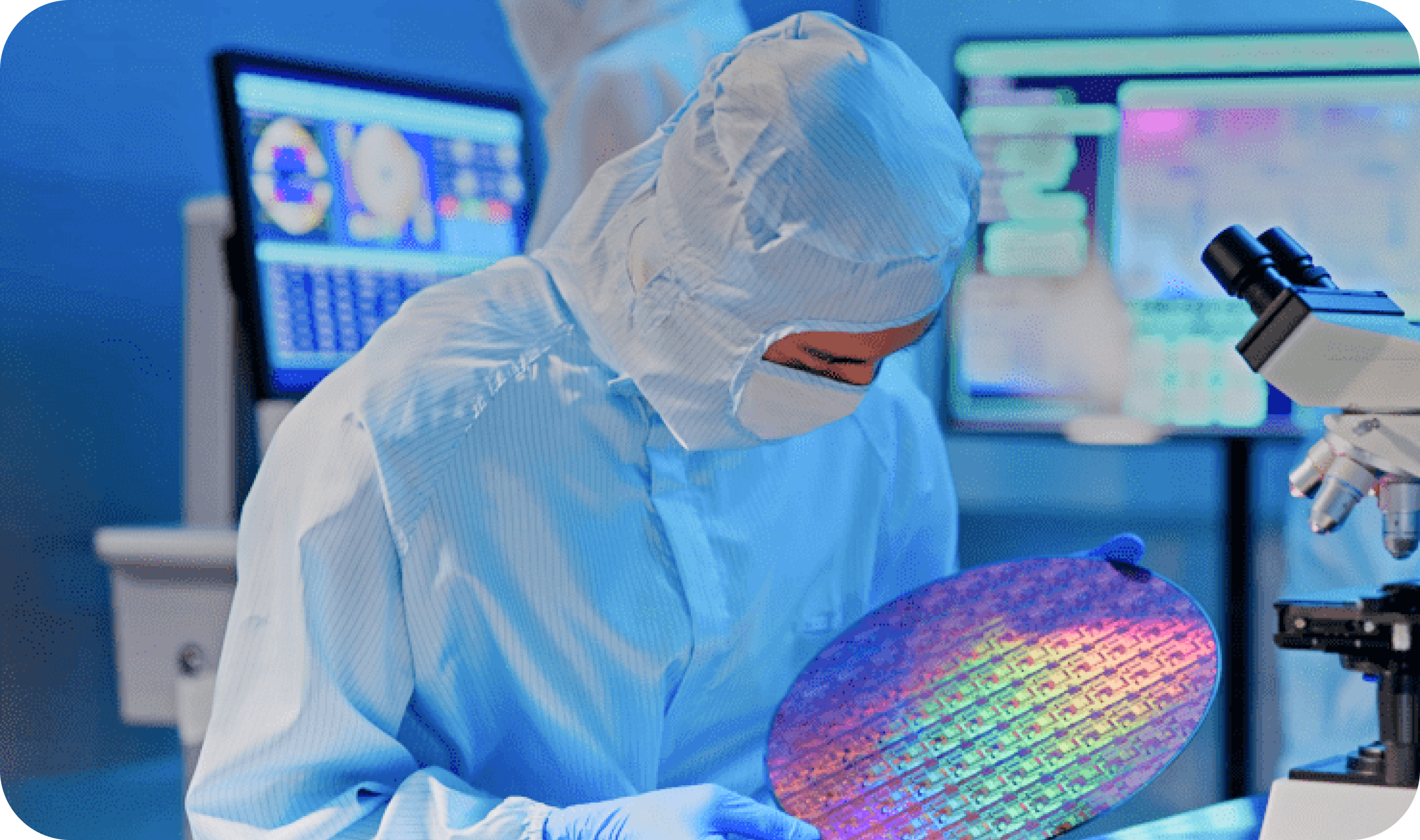 身着防护服的工程师在半导体实验室手持硅晶圆进行质量检查，背景可见显微镜和数据屏幕.