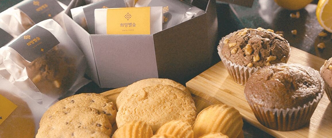 包含多种烘焙产品的形象，可看到巧克力饼干、玛德琳、松饼、礼品包装。