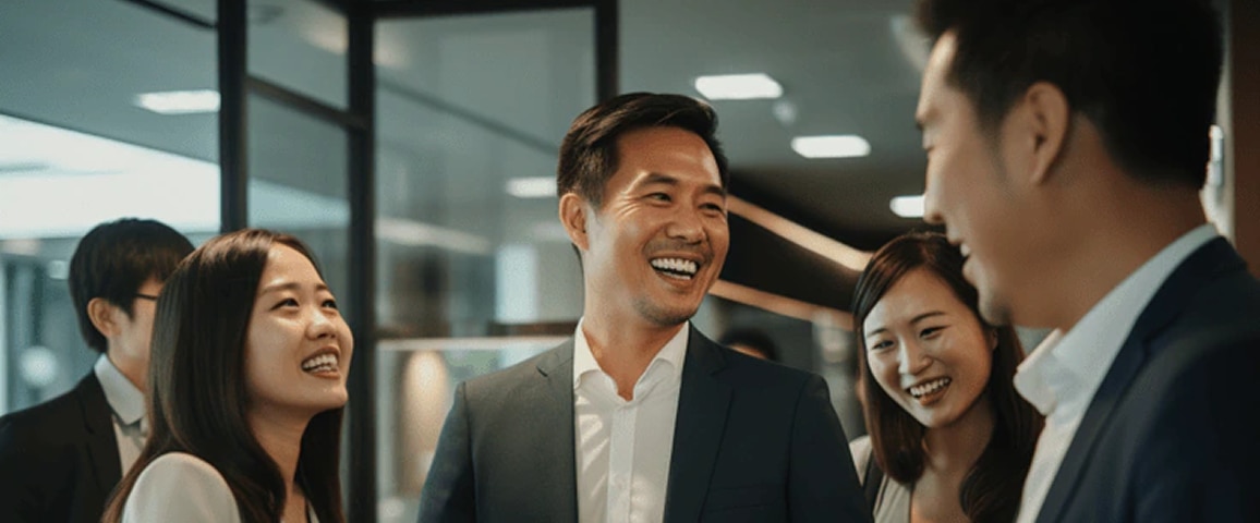 图为在明亮的办公室里，身着商务服装的人们一起笑着交谈。
